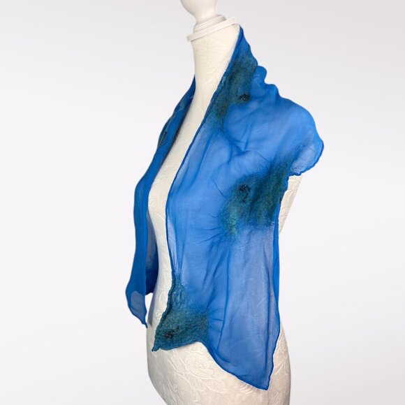 Blue Sheer Silky Scarf Beaded Felted Accents Artistic Lightweight Shawl - Picture 4 of 8